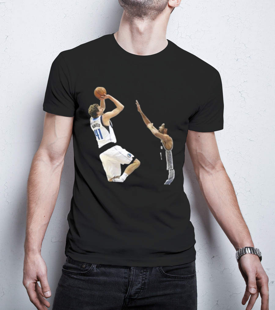 Dirk Nowitzki Fadeaway Jumper Over Tim Duncan NBA Iconic Moment T-Shirt