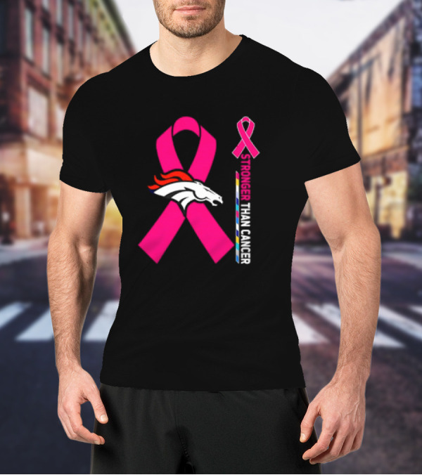 Denver Broncos Pink Ribbon Stronger Than Cancer Awareness T-Shirt