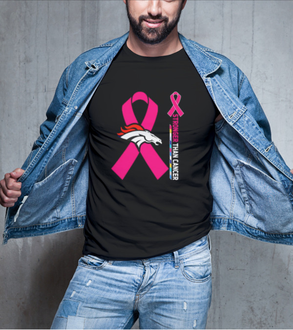 Denver Broncos Pink Ribbon Stronger Than Cancer Awareness T-Shirt