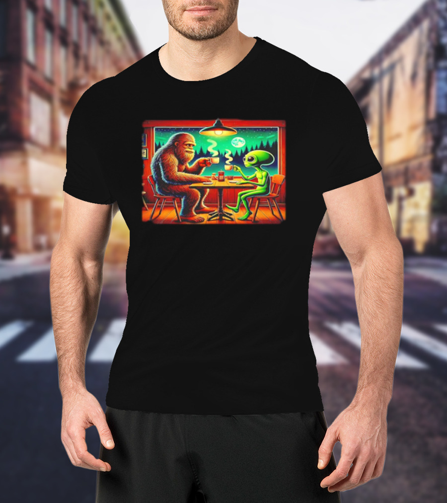 Bigfoot And Alien Coffee Meetup In Cabin At Night With Moonlit Forest T-Shirt