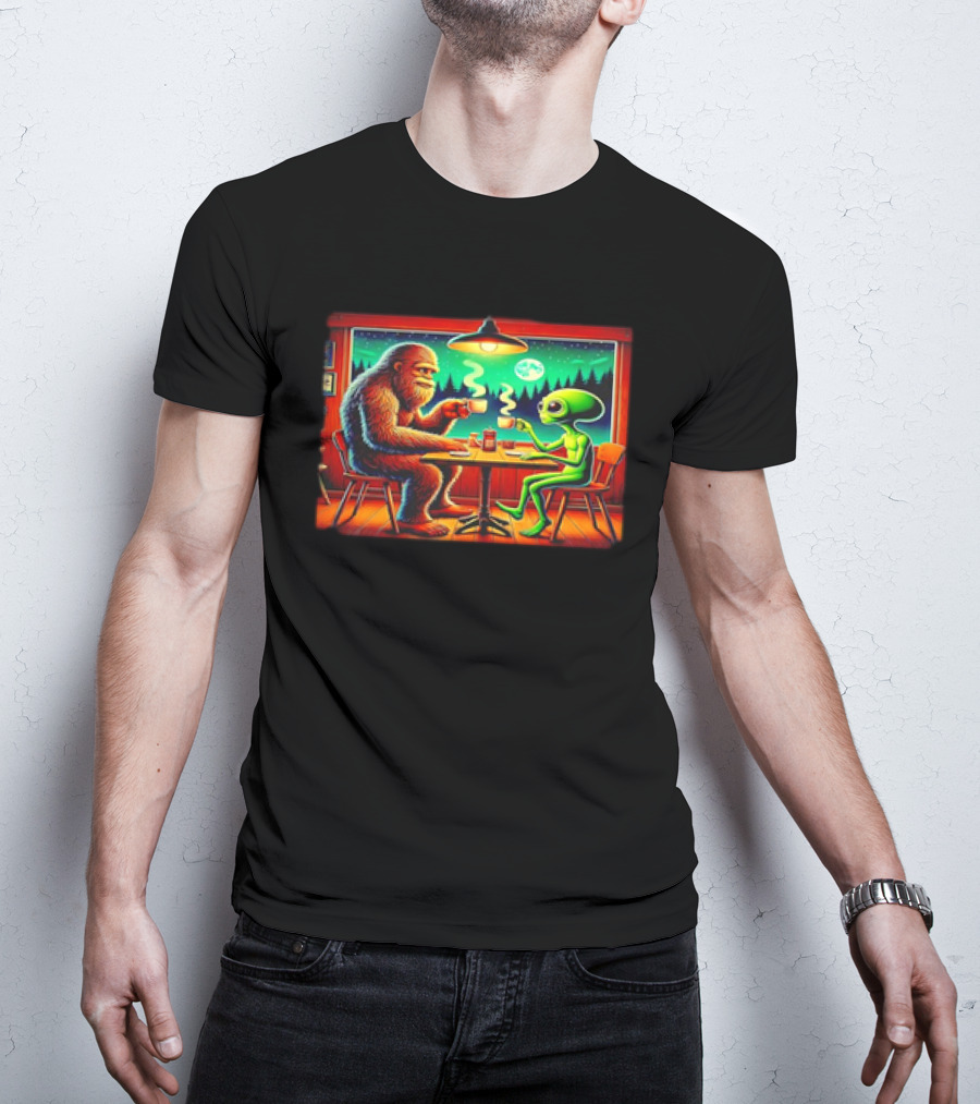 Bigfoot And Alien Coffee Meetup In Cabin At Night With Moonlit Forest T-Shirt