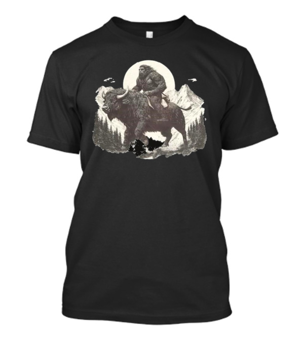 Blurry Creatures Bigfoot Riding Buffalo With Mountains And Moon In Background T-Shirt