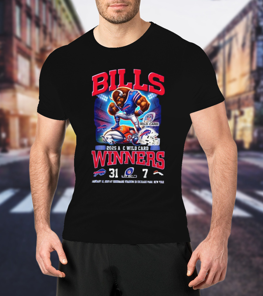 Buffalo Bills 2025 AFC Wild Card Winner Beat Denver Broncos 31-7 Mascot T-Shirt