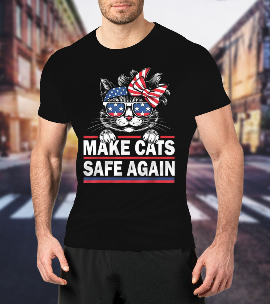 Cats Safe Again Funny Cat Lover USA Flag T-Shirt