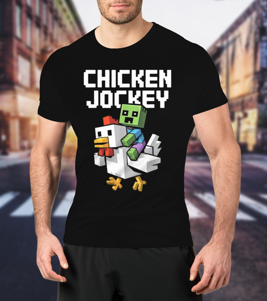 CHICKEN JOCKEY Pixelated Green Zombie Riding White Chicken T-Shirt