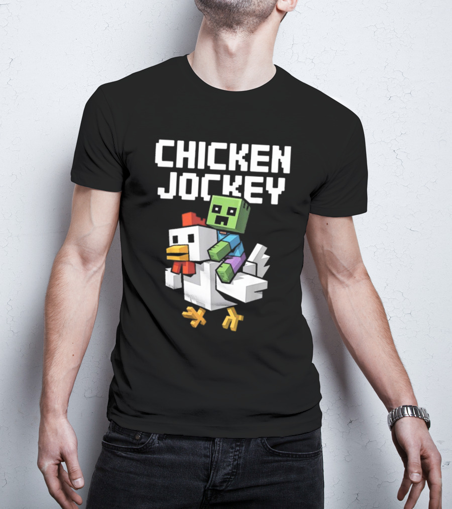CHICKEN JOCKEY Pixelated Green Zombie Riding White Chicken T-Shirt
