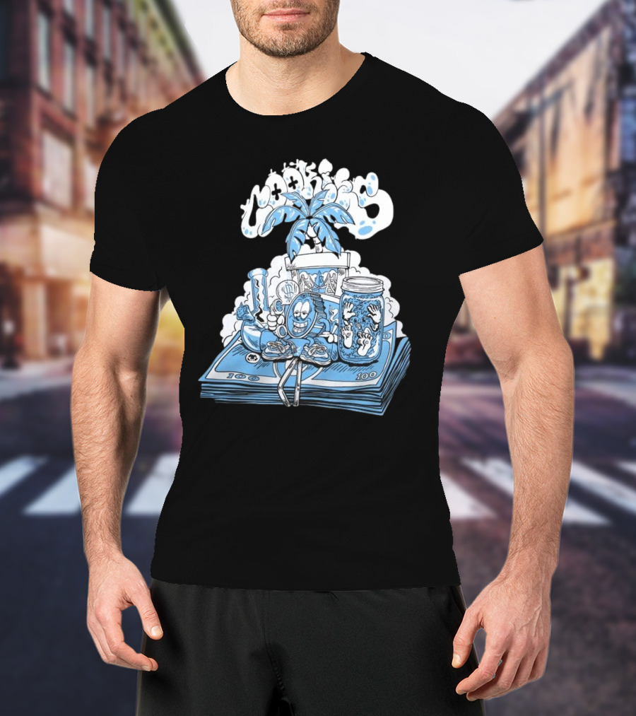 Cookiessf Laid Back Smoking Character With Money And Marijuana Elements T-Shirt