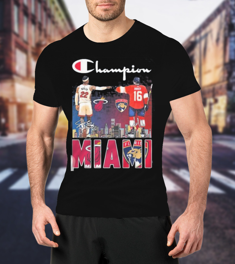 Champion Miami Skyline Signatures 22 Jimmy Butler 16 Aleksander Barkov Sports T-Shirt
