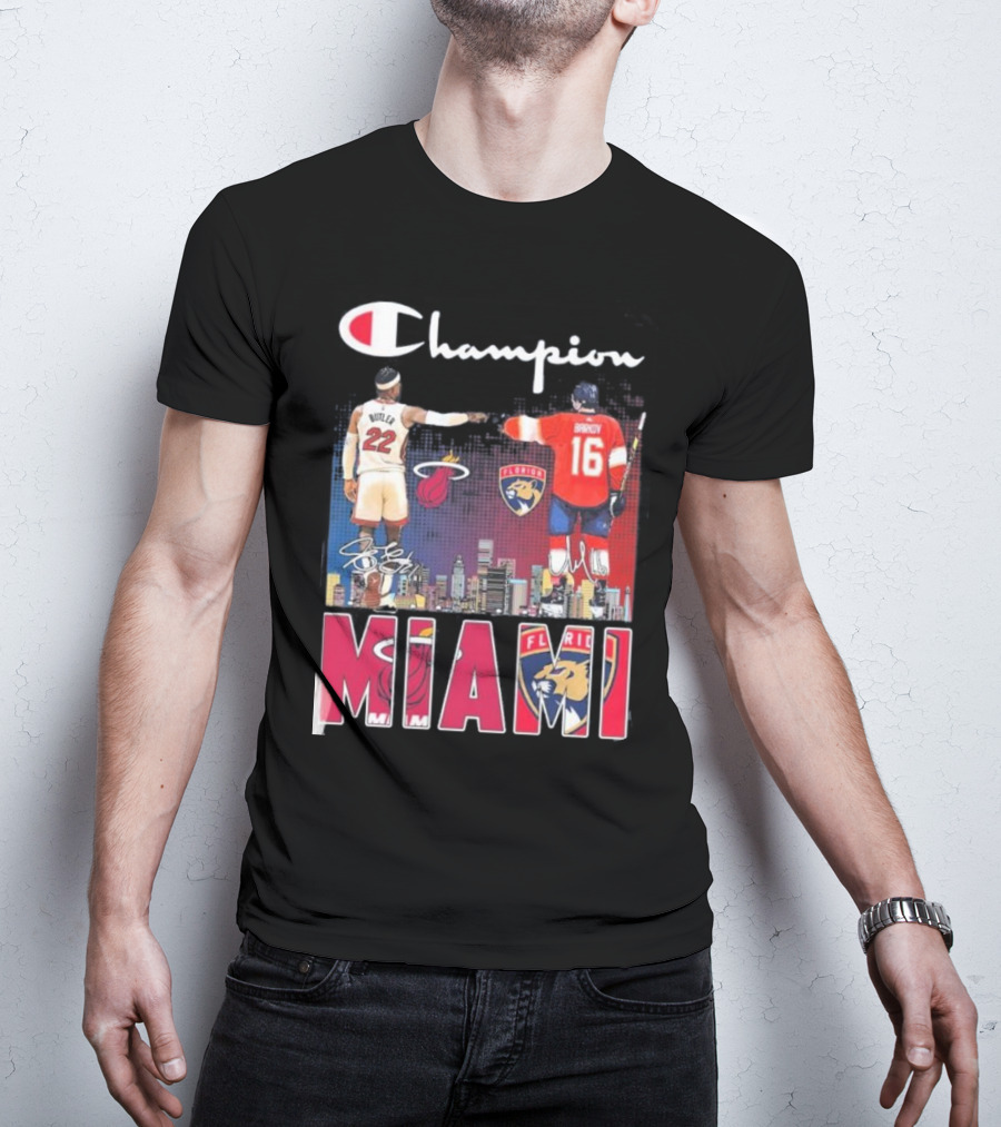 Champion Miami Skyline Signatures 22 Jimmy Butler 16 Aleksander Barkov Sports T-Shirt
