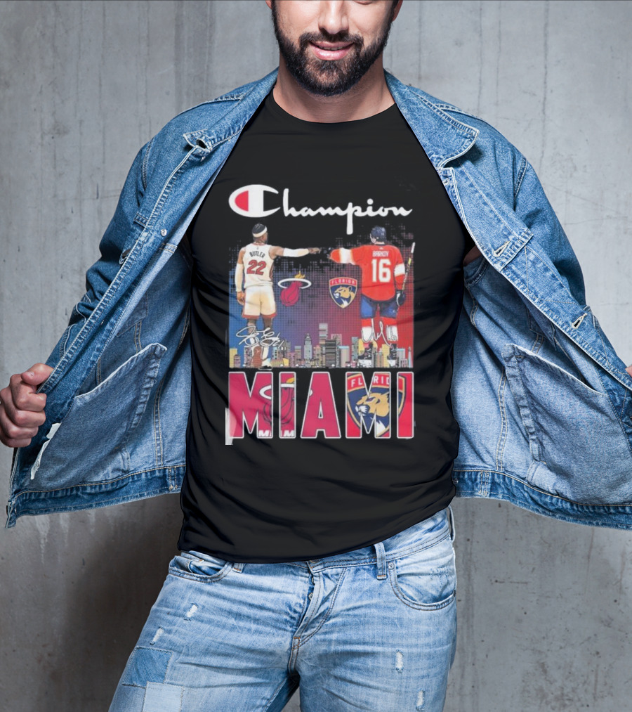 Champion Miami Skyline Signatures 22 Jimmy Butler 16 Aleksander Barkov Sports T-Shirt