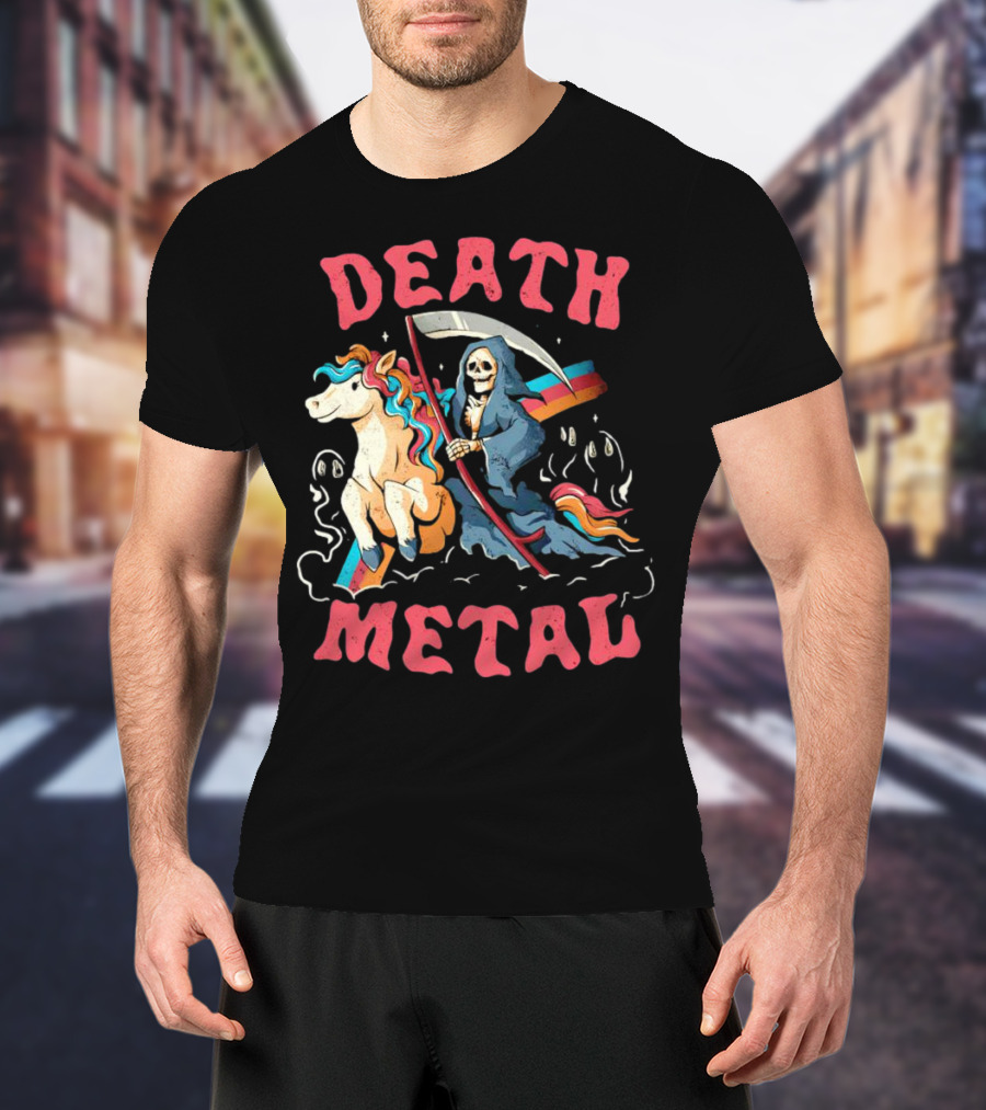 Death Metal Skull Riding Rainbow Unicorn T-Shirt