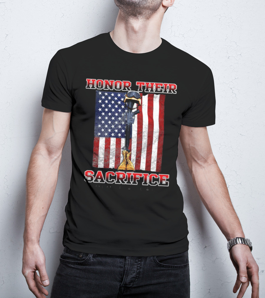 Honor Their Sacrifice Memorial Day American Flag Soldier Helmet Boot Rifle T-Shirt