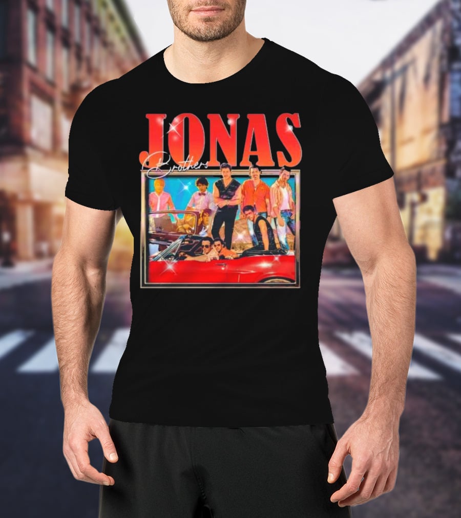Jonas Brothers Band Retro Group Photo With Red Convertible T-Shirt