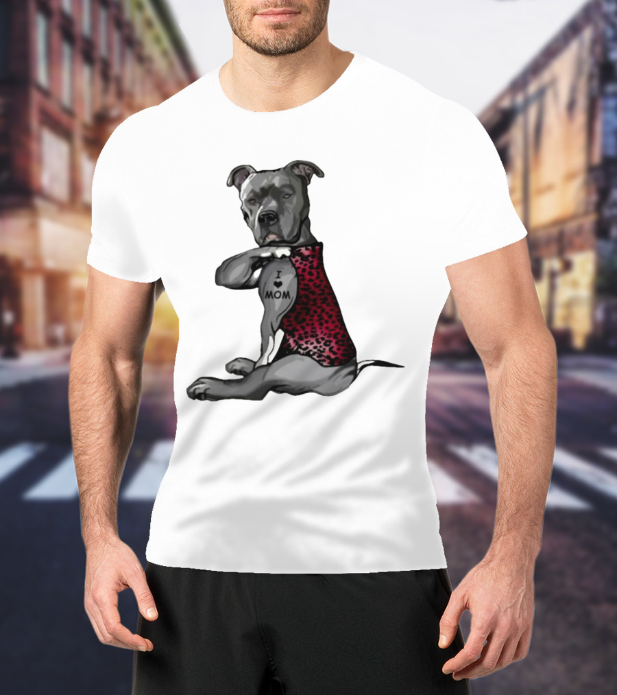 I Love Mom Dog Tattoo Red Leopard Print T-Shirt