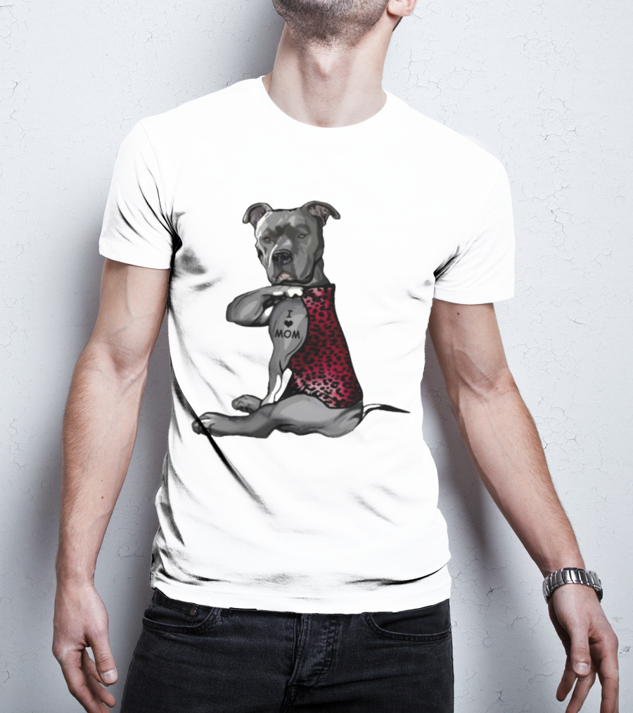 I Love Mom Dog Tattoo Red Leopard Print T-Shirt