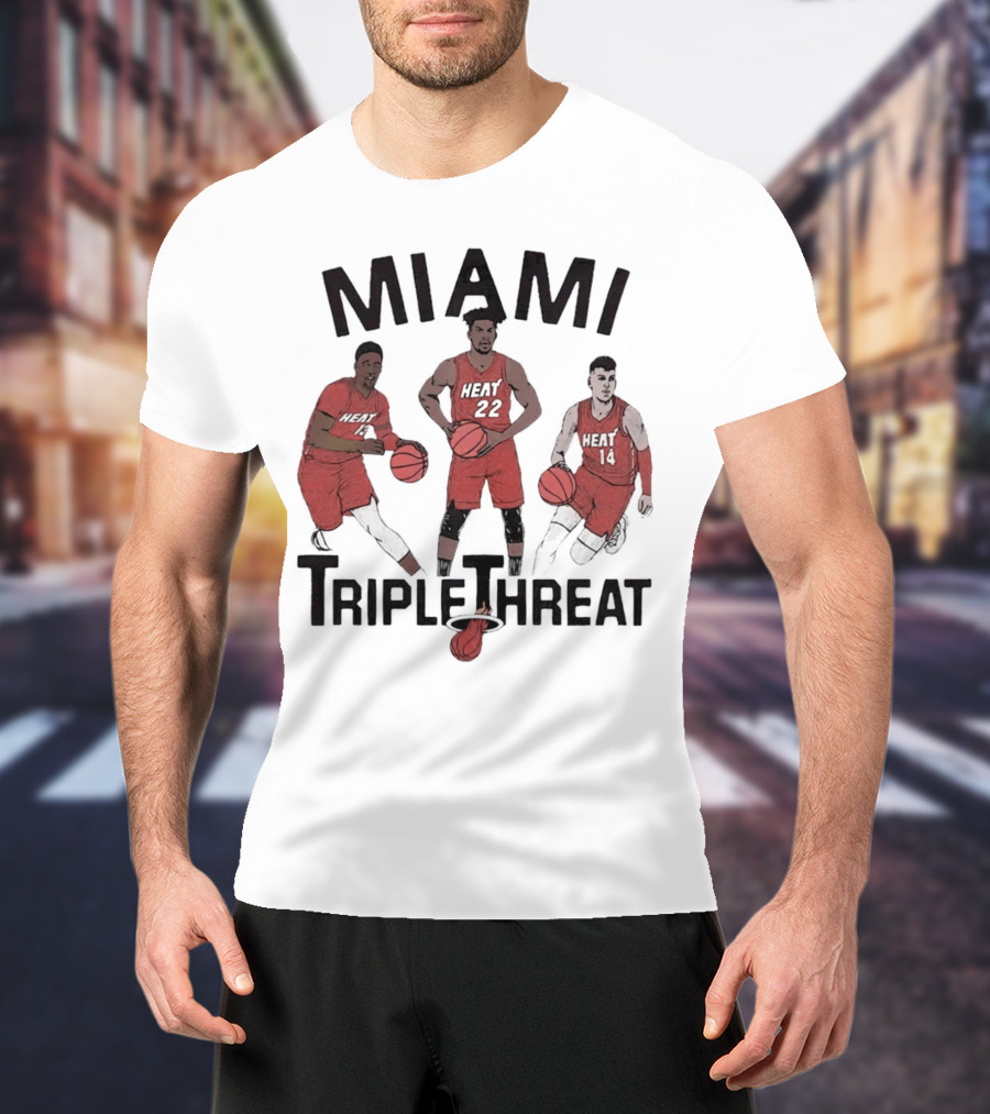 Miami Heat Bam Adebayo Jimmy Butler Tyler Herro Triple Threat T-Shirt