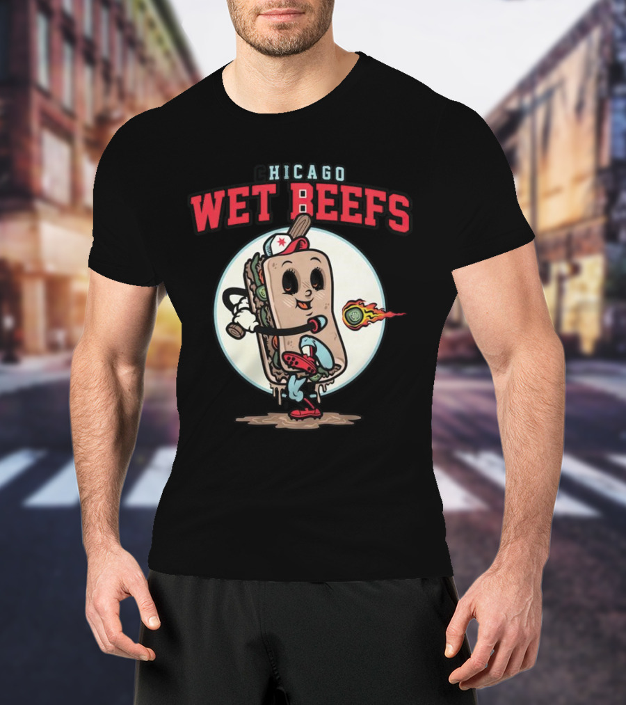 Chicago Wet Beefs Sandwich Character With Baseball Bat And Flaming Baseball T-Shirt
