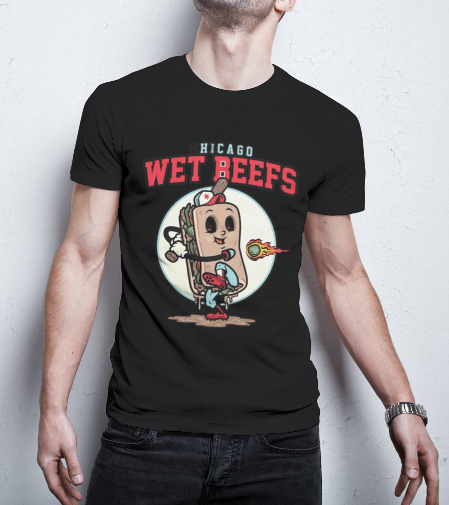 Chicago Wet Beefs Sandwich Character With Baseball Bat And Flaming Baseball T-Shirt