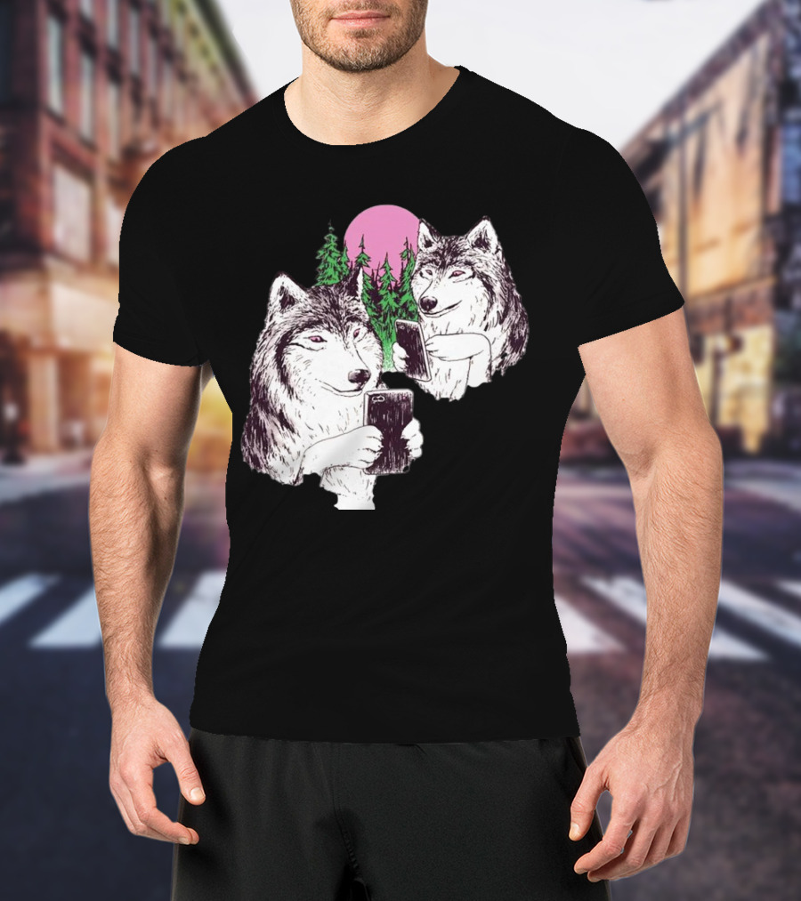 There Are Two Wolves Inside You Both On Smartphones Against A Pink Moon And Pine Trees T-Shirt