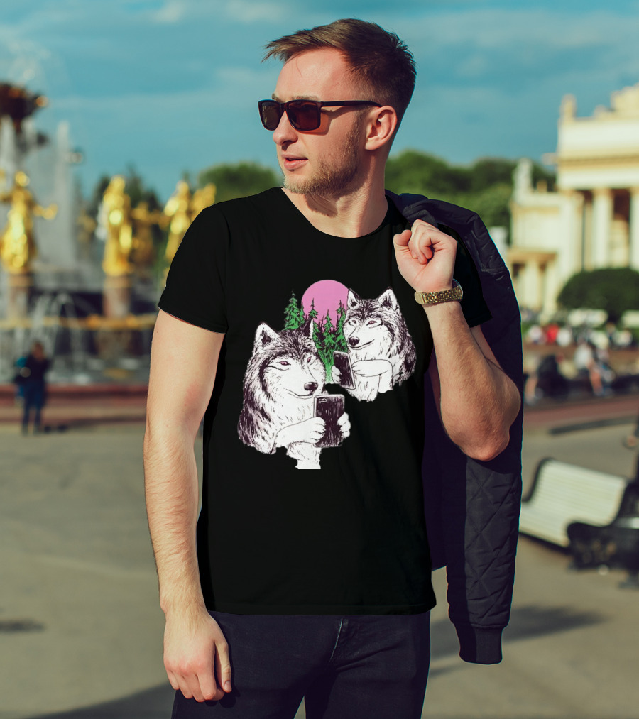 There Are Two Wolves Inside You Both On Smartphones Against A Pink Moon And Pine Trees T-Shirt
