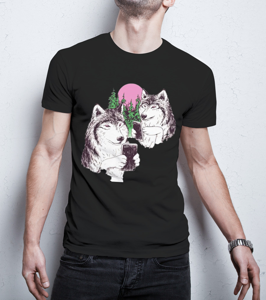 There Are Two Wolves Inside You Both On Smartphones Against A Pink Moon And Pine Trees T-Shirt