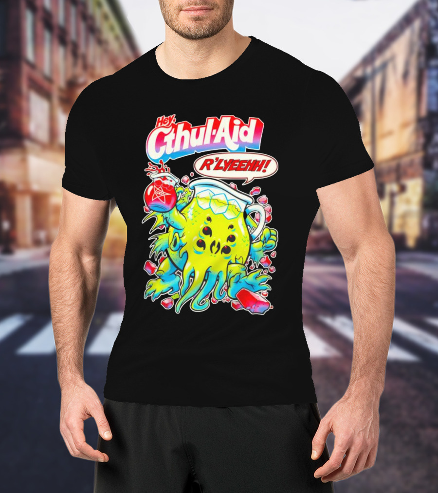 Hey Cthul-Aid R'lyeehh Monster Holding Pentagram Drink With Tentacles T-Shirt