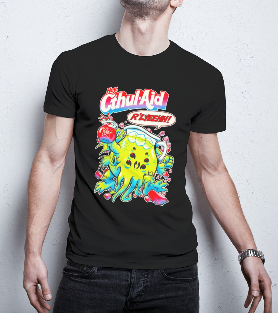 Hey Cthul-Aid R'lyeehh Monster Holding Pentagram Drink With Tentacles T-Shirt