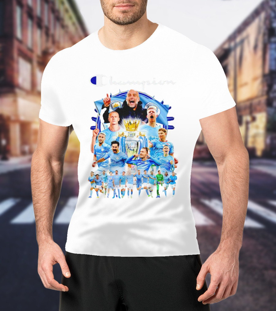 Manchester City Champion Team Celebration With Trophy And Players T-Shirt