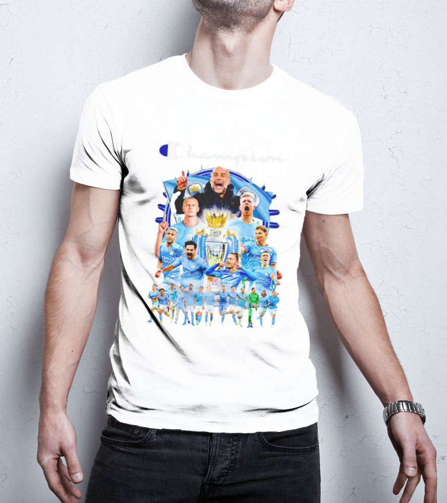 Manchester City Champion Team Celebration With Trophy And Players T-Shirt