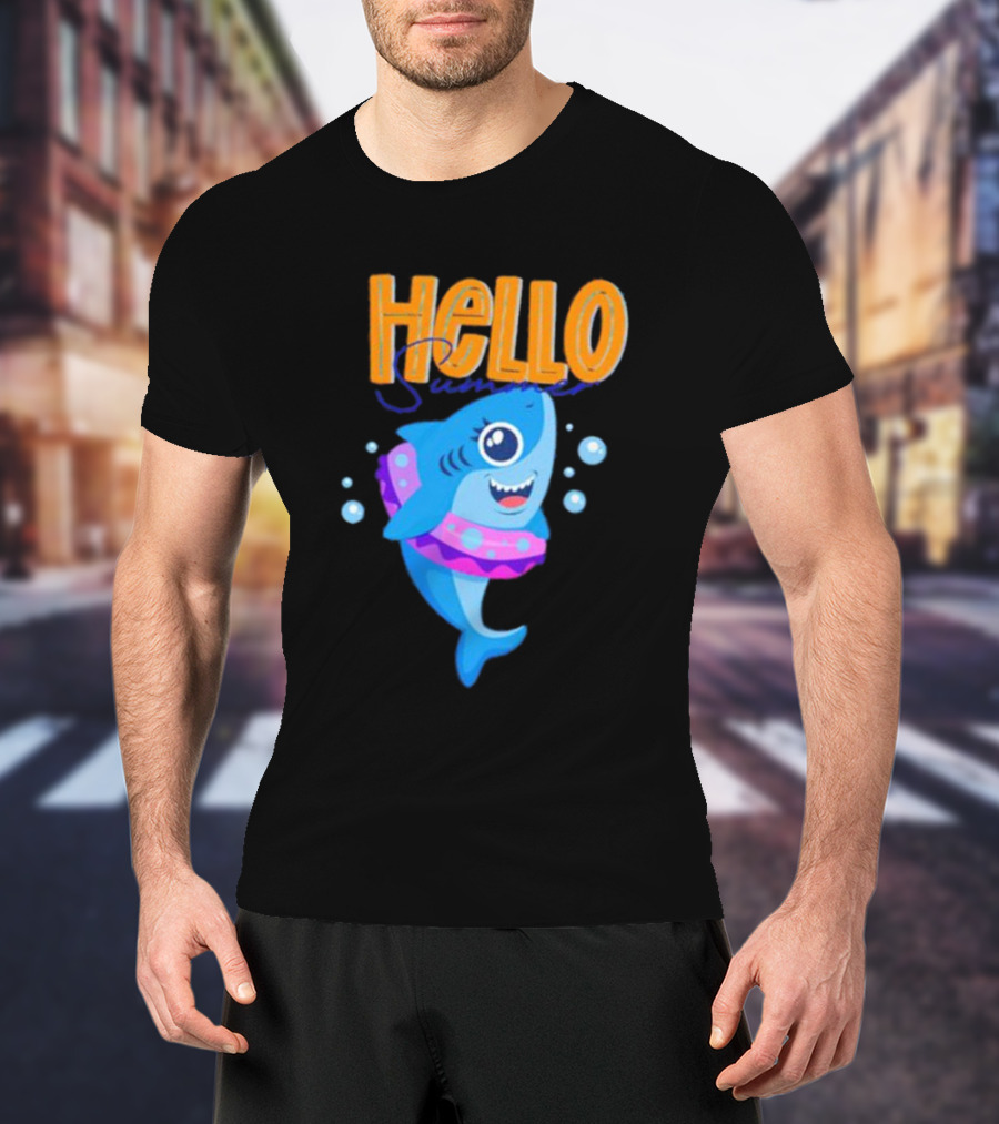 Hello Summer Shark With Swim Ring And Bubbles T-Shirt
