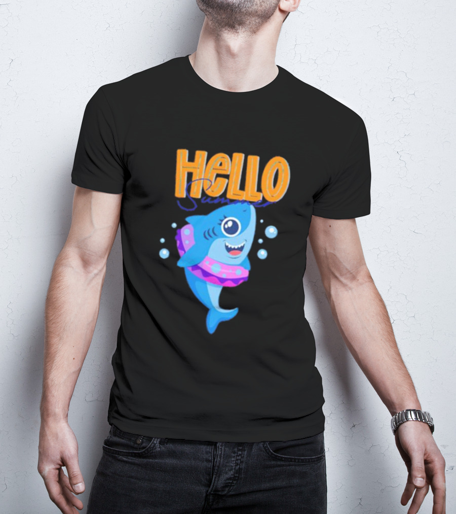 Hello Summer Shark With Swim Ring And Bubbles T-Shirt