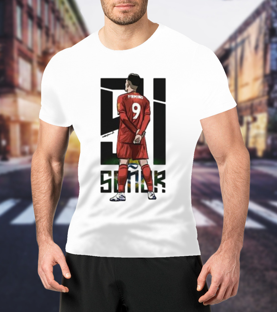 Roberto Firmino Si Señor 9 Football Player In Red Kit With Brazil Flag Background T-Shirt