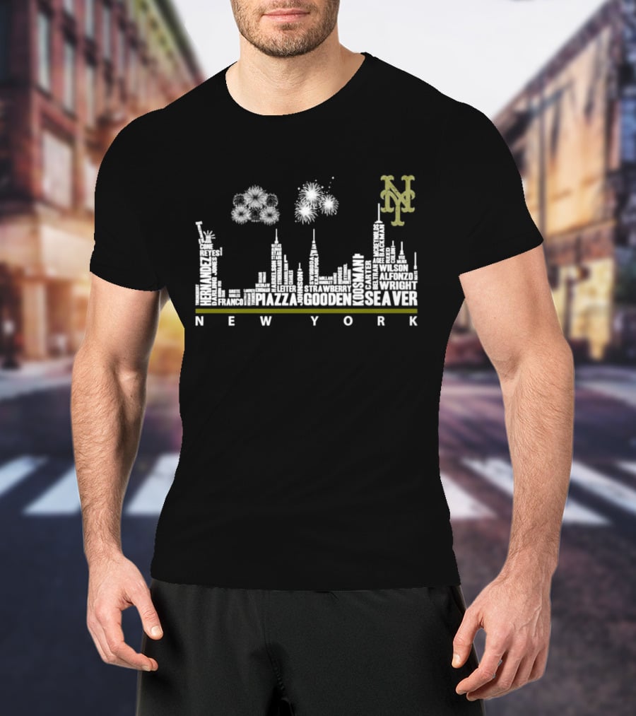 New York Mets Skyline With Player Names T-Shirt