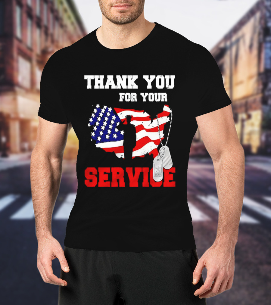 Thank You For Your Service American Flag Silhouette With Dog Tags T-Shirt