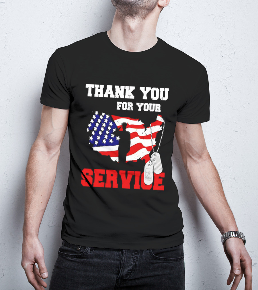 Thank You For Your Service American Flag Silhouette With Dog Tags T-Shirt