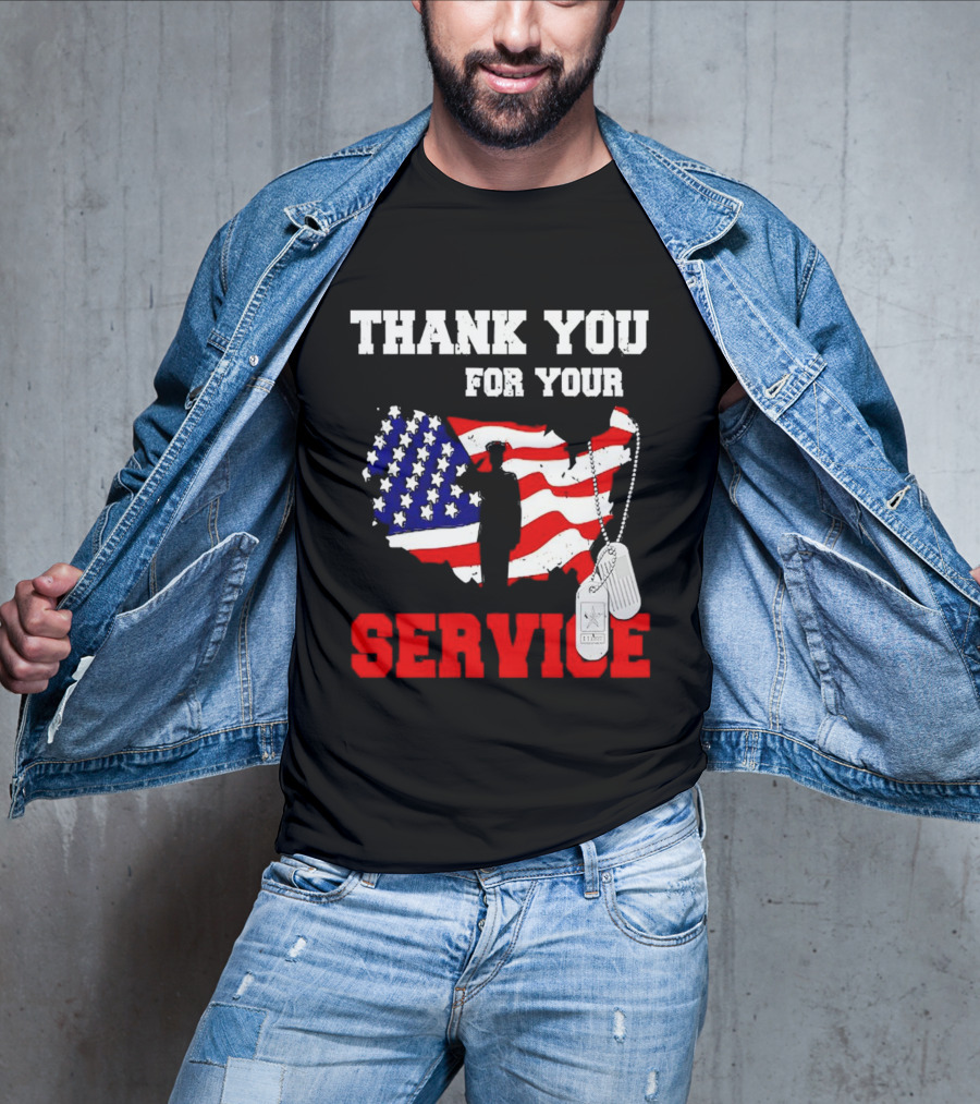 Thank You For Your Service American Flag Silhouette With Dog Tags T-Shirt