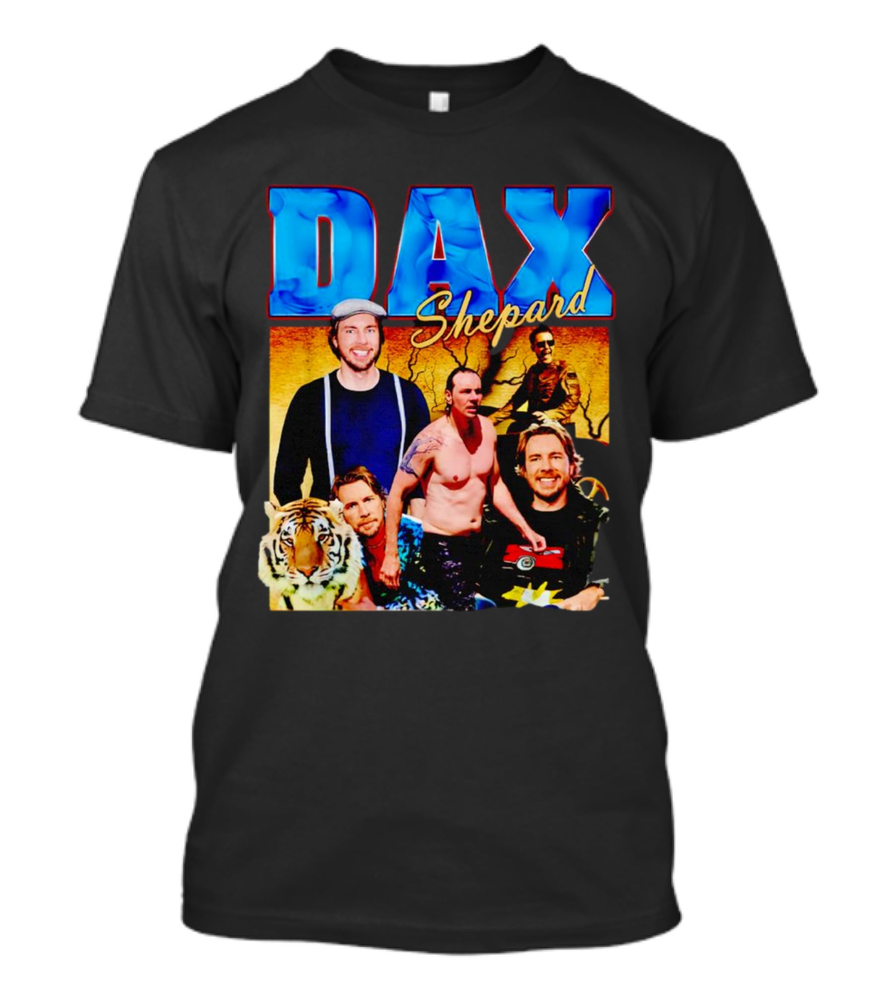 Dax Shepard Vintage Collage With Blue Text And Tiger T-Shirt