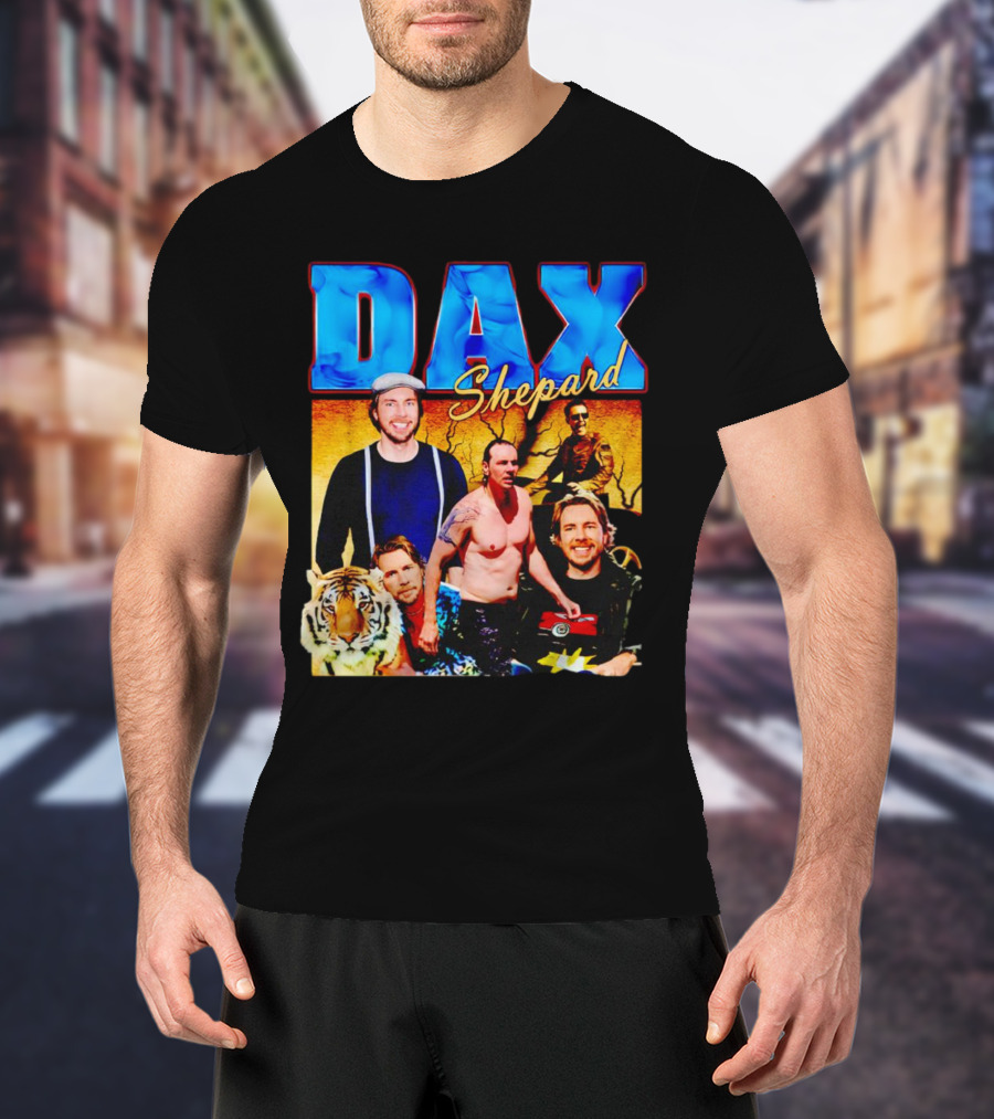 Dax Shepard Vintage Collage With Blue Text And Tiger T-Shirt