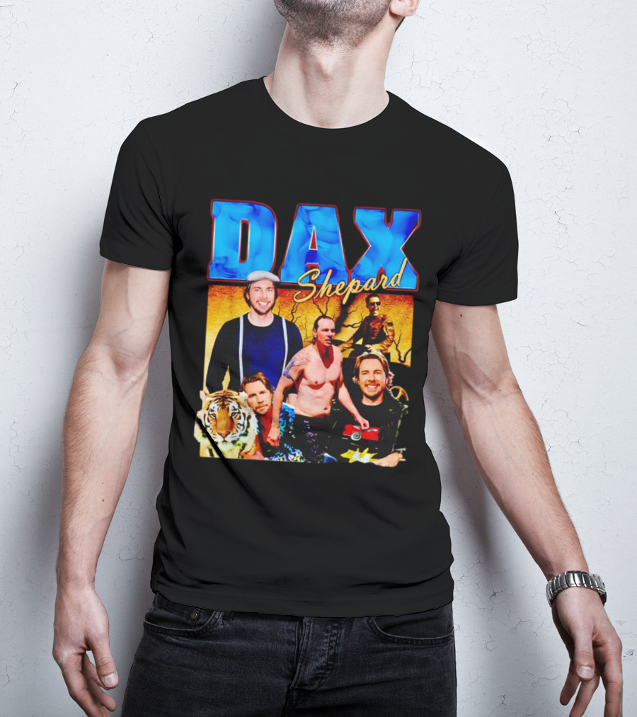 Dax Shepard Vintage Collage With Blue Text And Tiger T-Shirt