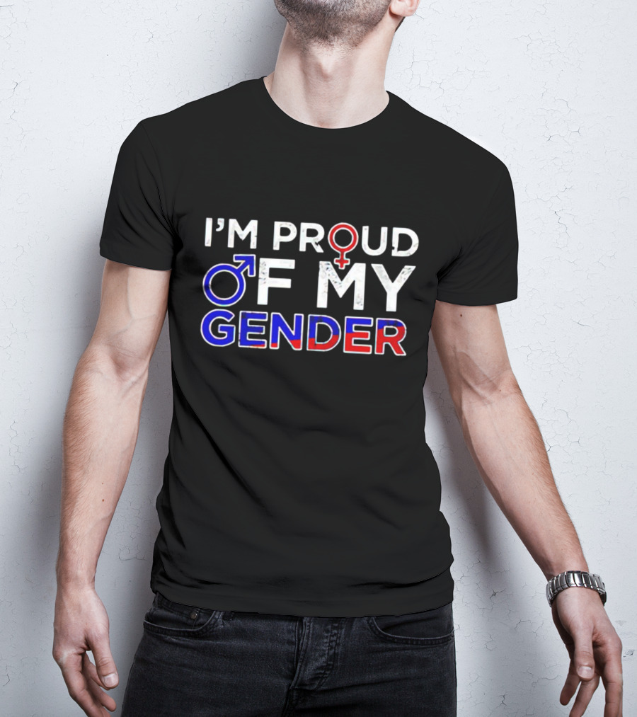 I’m Proud Of My Gender With Male And Female Symbols In Red, White, And Blue T-Shirt