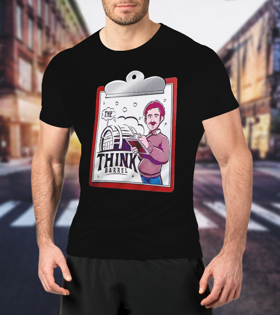 The Think Barrel Clipboard With Cartoon Character And Building Outline T-Shirt