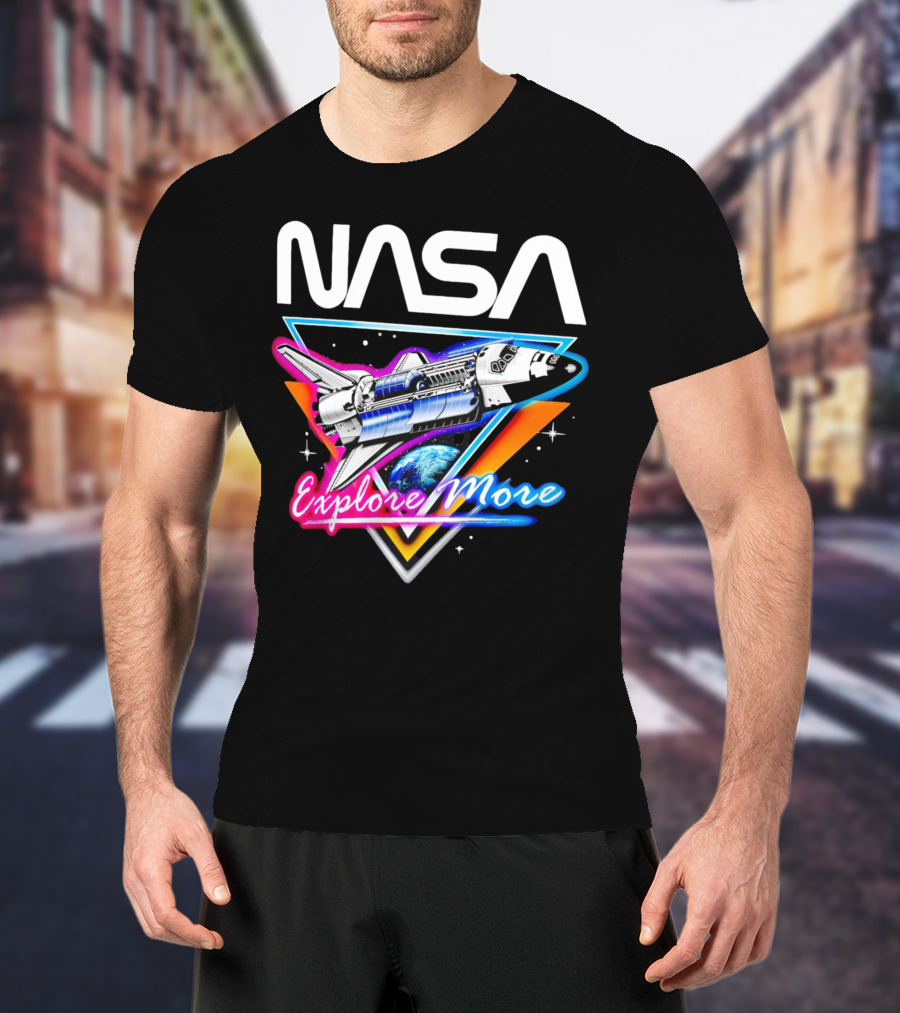 NASA Neon Glow Space Shuttle Explore More T-Shirt