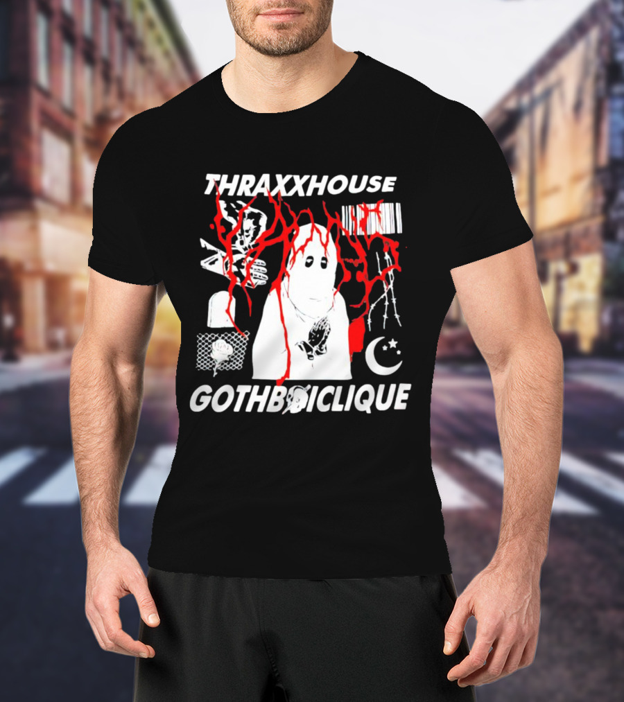 Thraxxhouse Gothboiclique Praying Figure With Barcode Rose Crescent Moon And Abstract Red Streaks T-Shirt