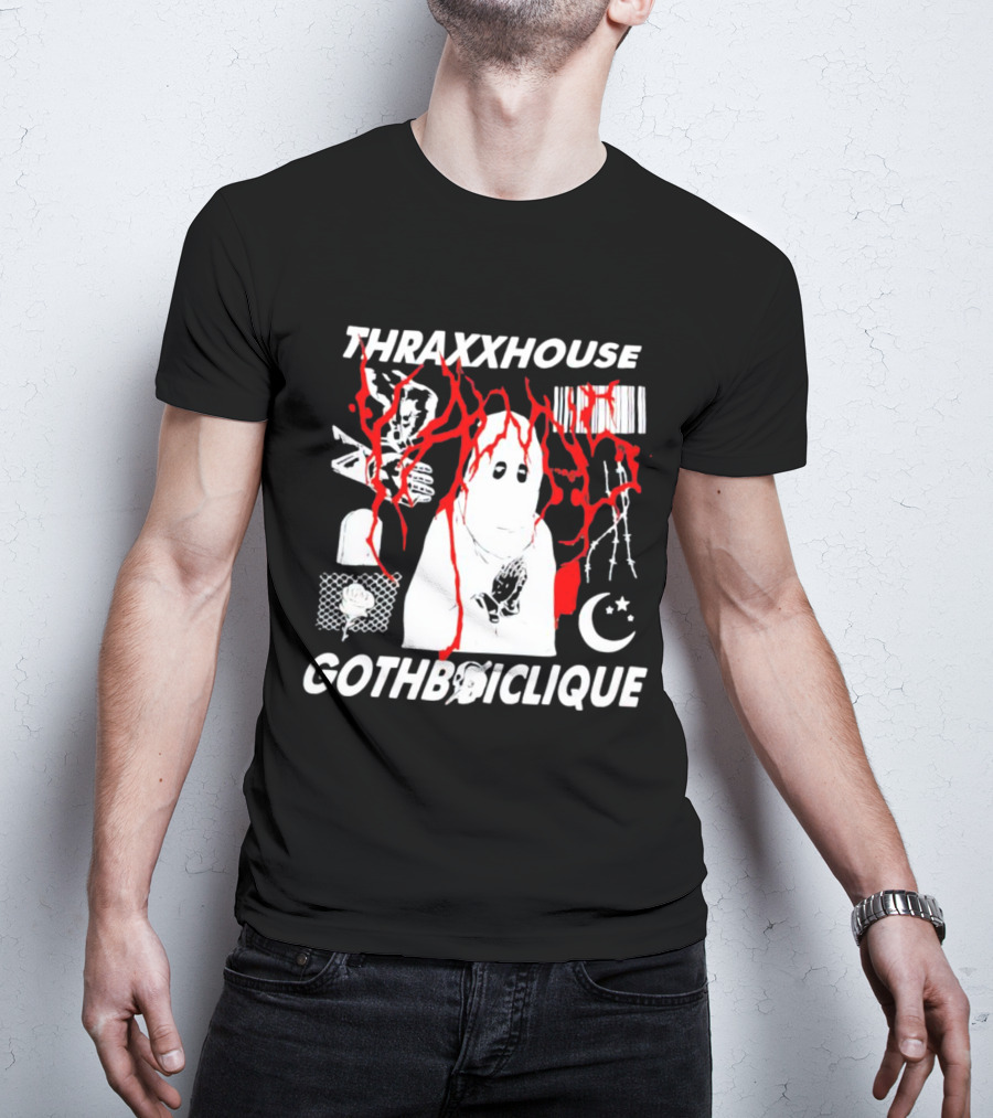 Thraxxhouse Gothboiclique Praying Figure With Barcode Rose Crescent Moon And Abstract Red Streaks T-Shirt