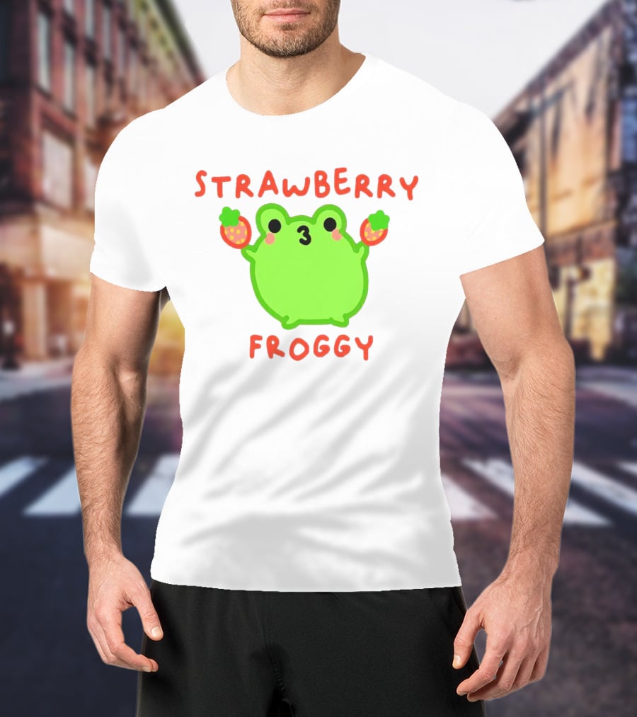 STRAWBERRY FROGGY Green Frog Holding Strawberries T-Shirt