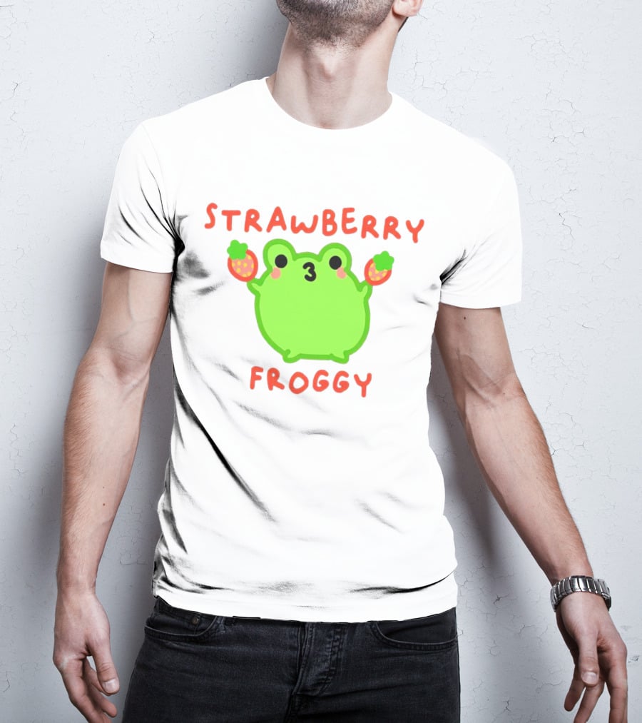 STRAWBERRY FROGGY Green Frog Holding Strawberries T-Shirt