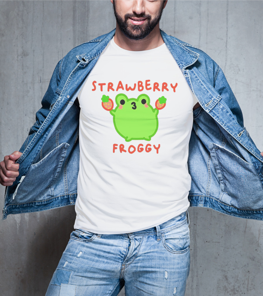STRAWBERRY FROGGY Green Frog Holding Strawberries T-Shirt