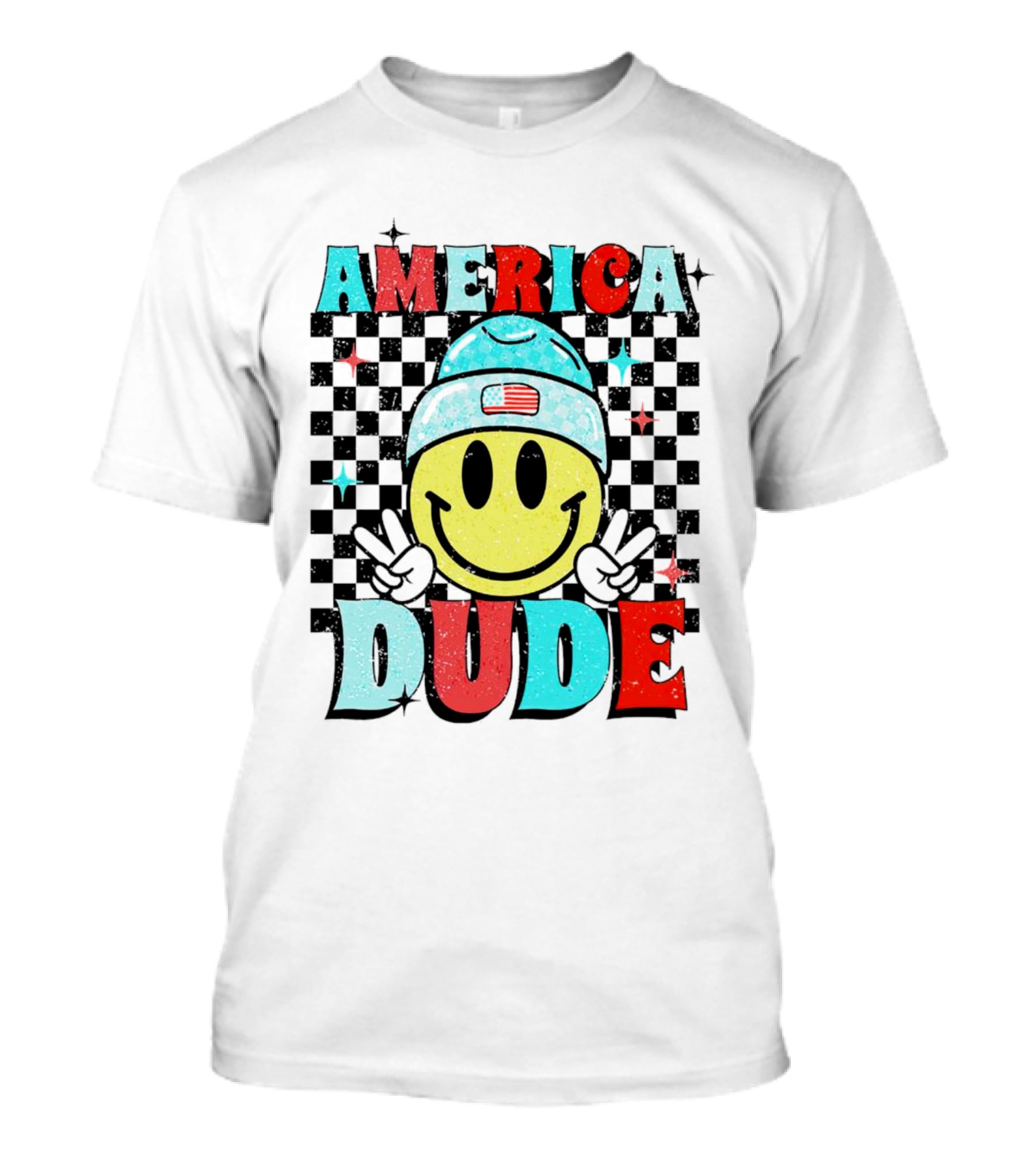 America Dude Smiley Face With Beanie And Peace Signs T-Shirt