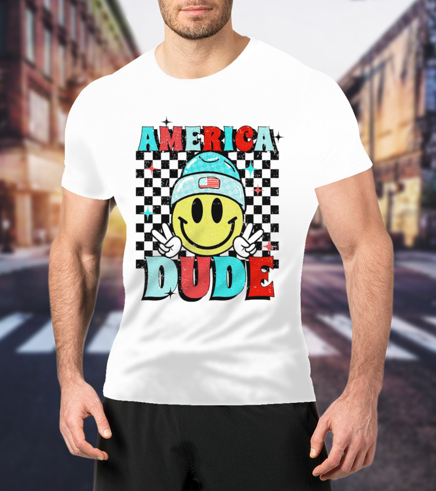 America Dude Smiley Face With Beanie And Peace Signs T-Shirt