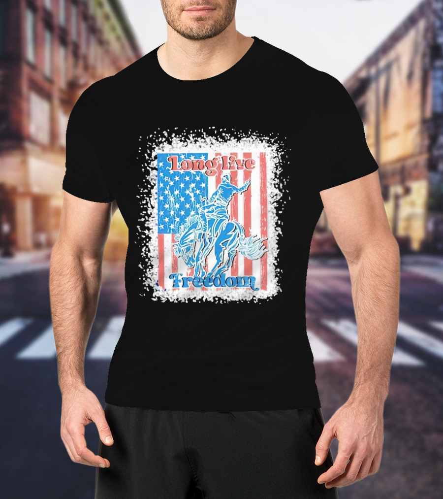Long Live Freedom America Flag Cowboy And Horse T-Shirt